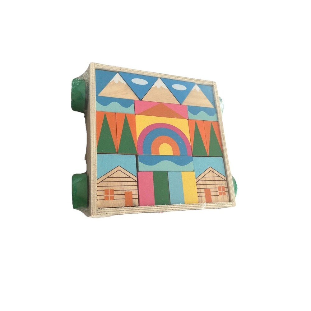 Wooden Puzzle Pull Toy 18 Blocks in Wood Box with Wheels and String NEW Sealed